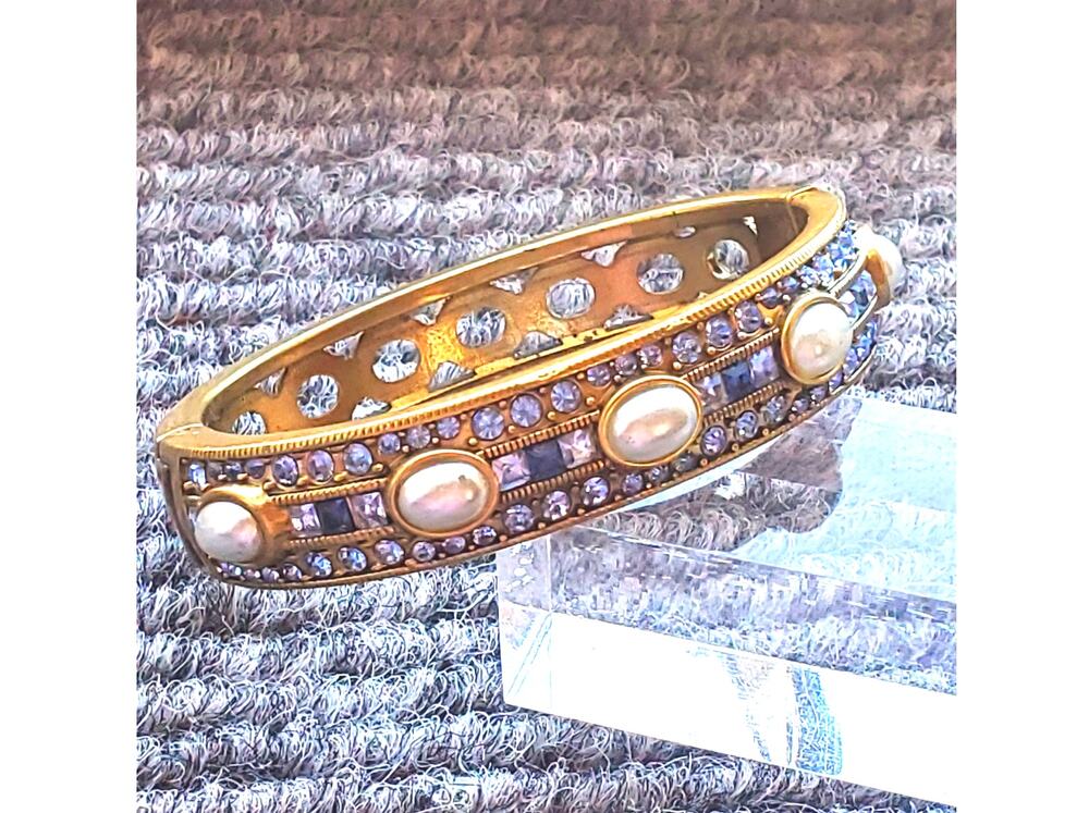 Heidi Daus Faux Pearl Hinged Bangle Bracelet Crystal Signed